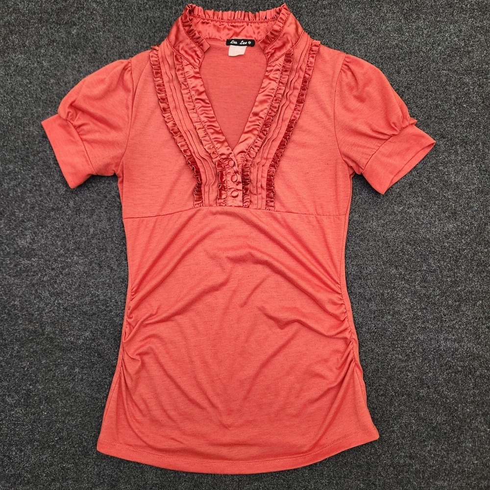 Y2k Lia Lee Womens Small Orange Ruffle Trim V-Neck Babydoll Top McBling Ruched
